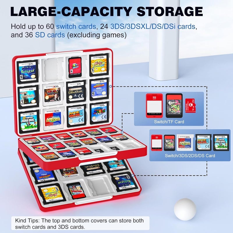 MoKo 60 Game Card Case for Nintendo Switch 2 / Switch OLED / 3DS / 3DSXL, Portable Storage Holder Case for 60 Switch 2 Game Cartridges & 24 3DS Card & 36 Micro SD Cards, Red Ball - Image 2
